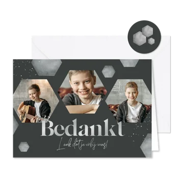 Bedankkaart hexagons jongen zilver foto stoer communie